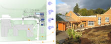 Climate analysis (left) influenced the building orientation which shelters the entry (right) from previling winds - Photo Credit: Opsis Architecture